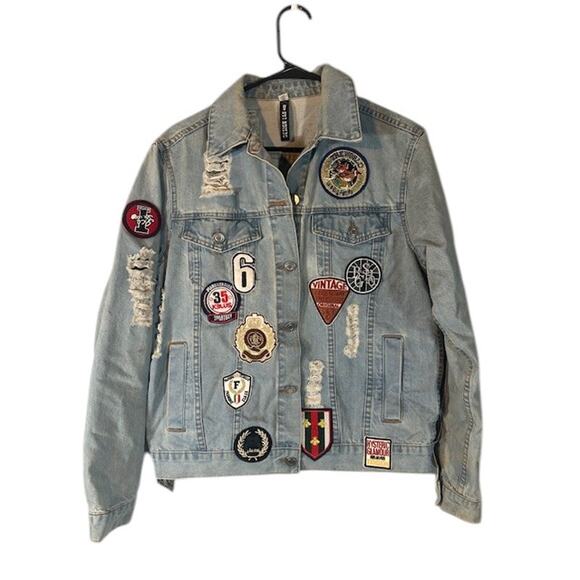 Design Lab Lord & Taylor Light Blue Patch Streetwear Denim Jean Jacket Women Med - Picture 1 of 12